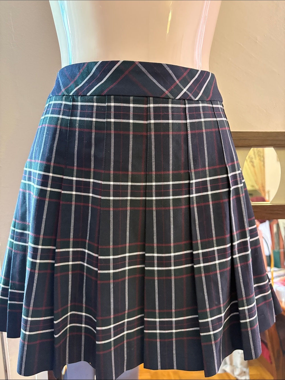 Sunday Best Navy Plaid Pleated Skater Skirt with White and Red Accents